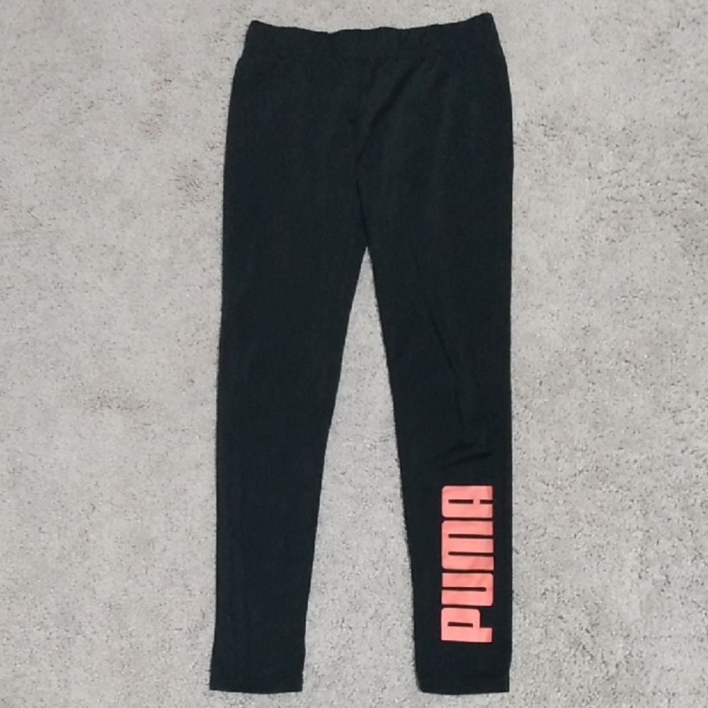 PUMA Girls' Black Leggings with Pink Logo